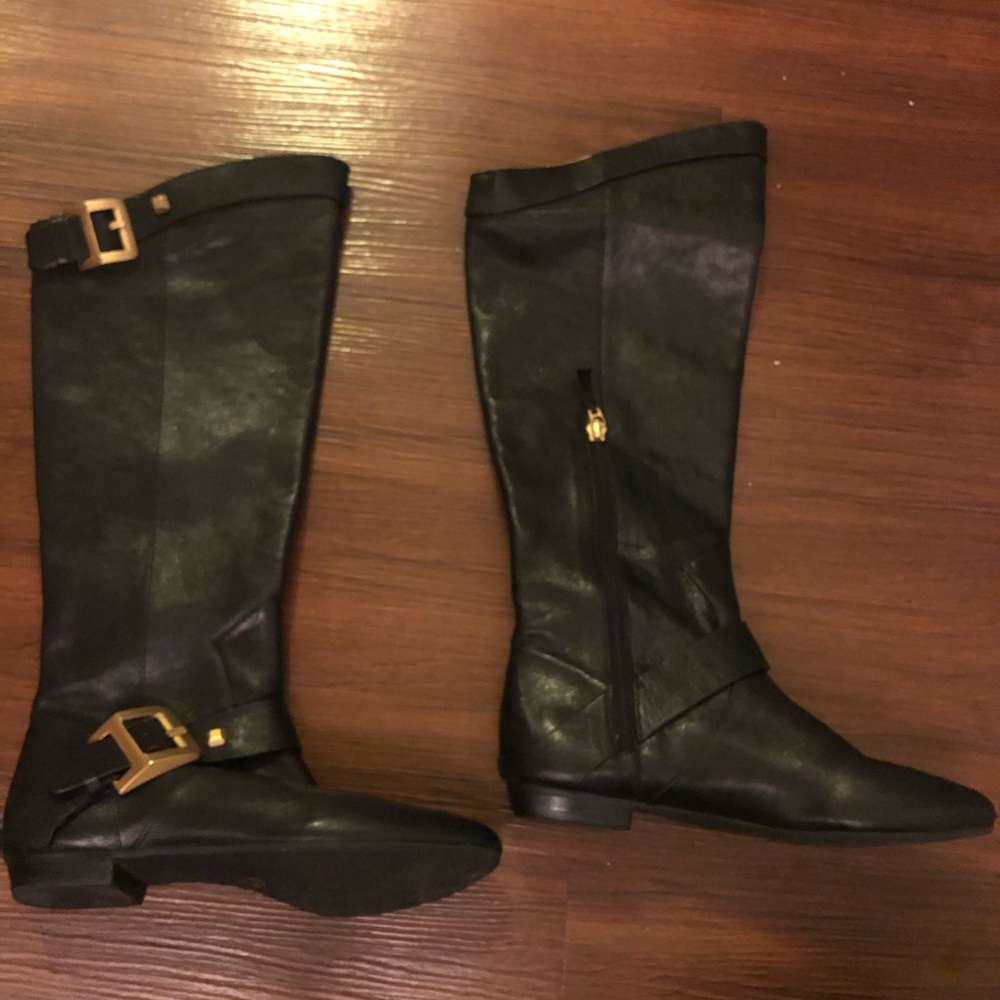 BCBG Leather knee high boots with gold buckles